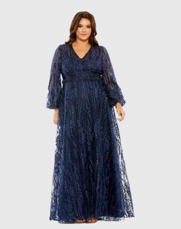 Navy V Neck Puff Sleeve Embroidered A Line Gown (Plus) sold by Mac Duggal