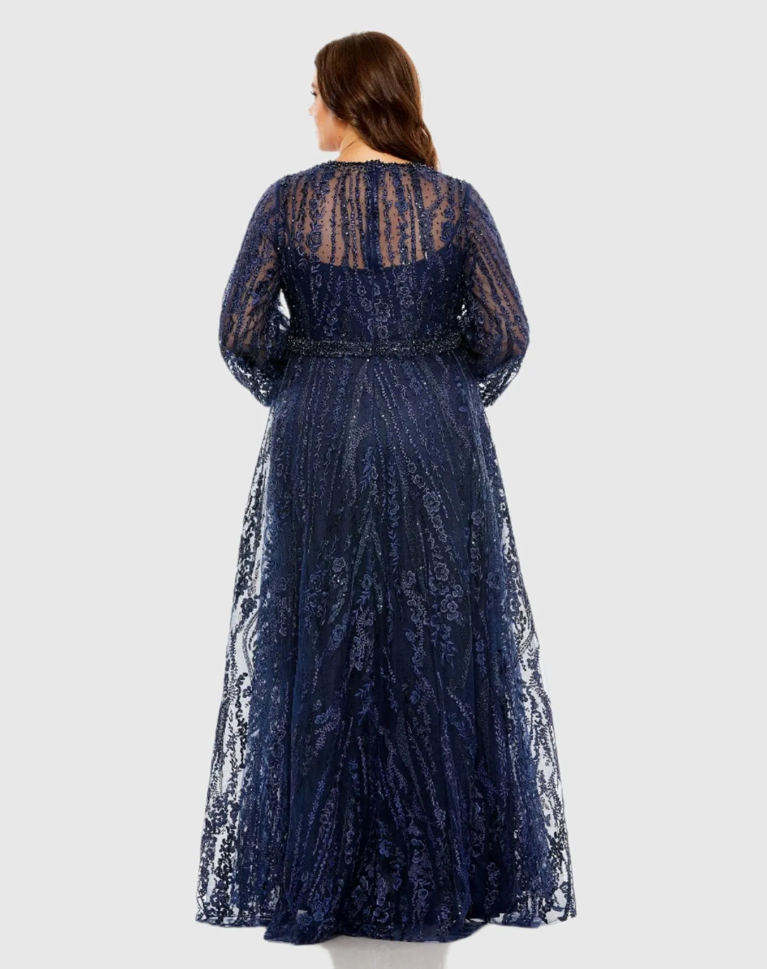 Navy V Neck Puff Sleeve Embroidered A Line Gown (Plus) sold by Mac Duggal product image thumbnail 3