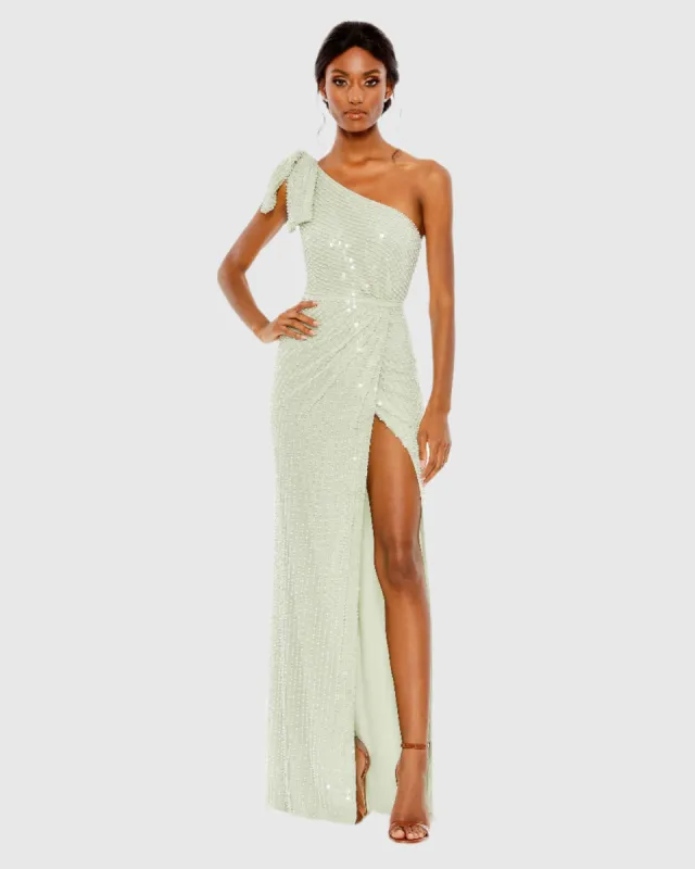 Green Pearl Embellished Soft Tie One Shoulder Gown sold by Mac Duggal