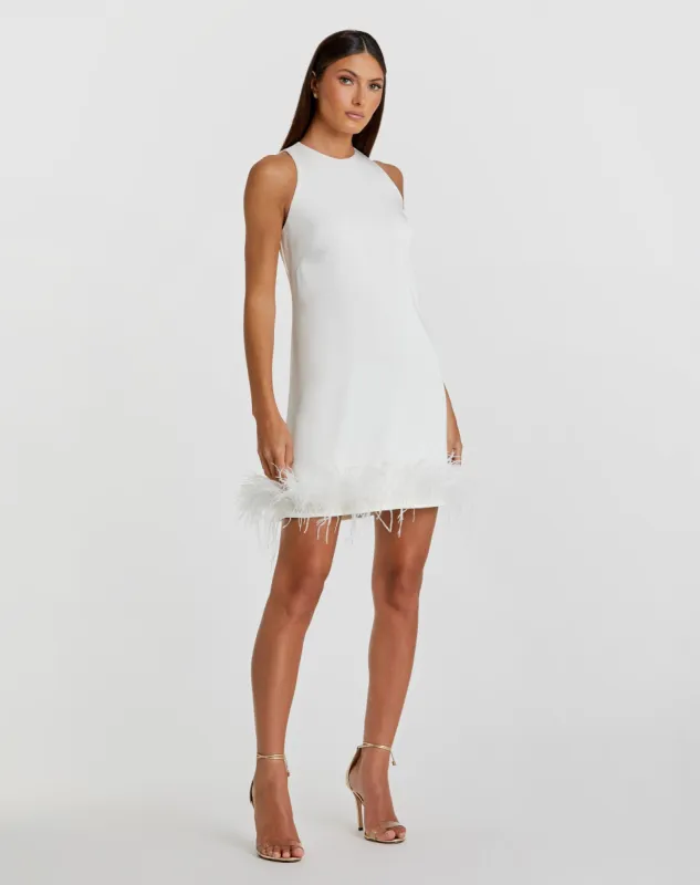 White Feathered Hem High Neck Sleeveless Trapeze Dress - Final Sale sold by Mac Duggal
