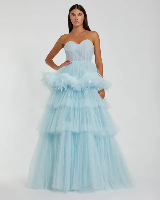 Blue Strapless Tulle Gown with Feather Detail sold by Mac Duggal