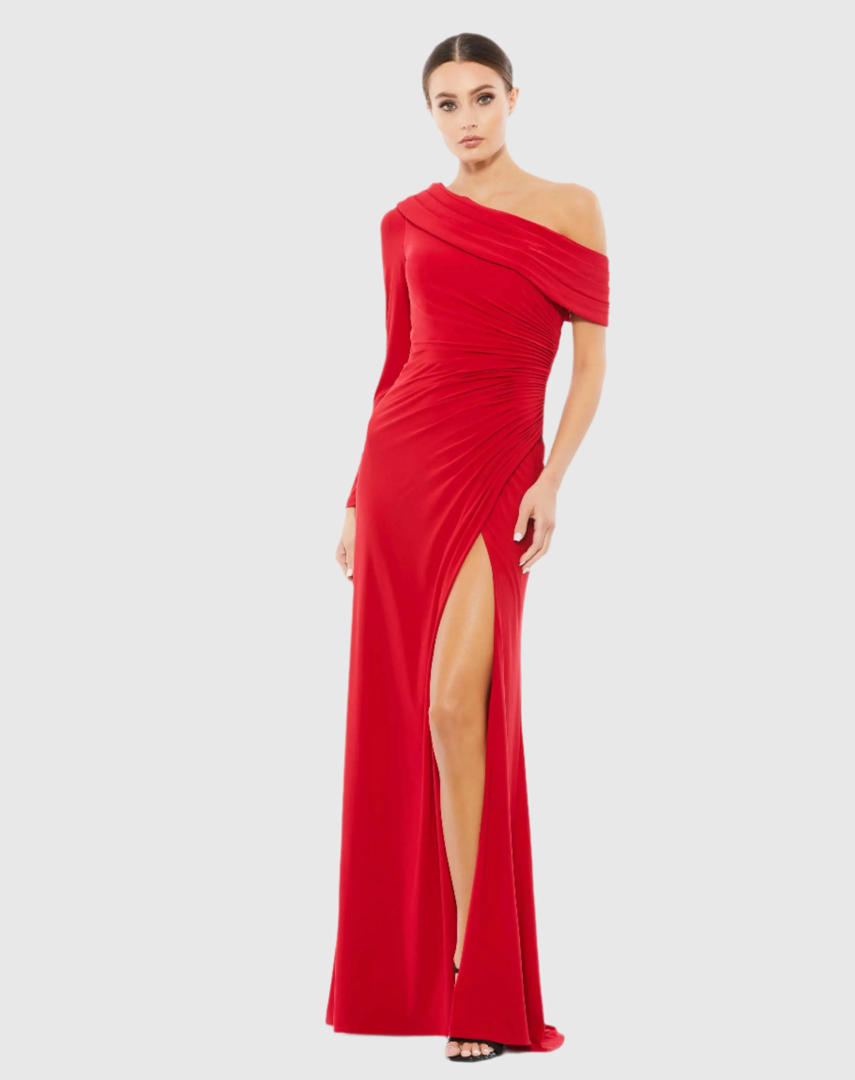 Ruched Jersey Drop Shoulder Foldover Gown sold by Mac Duggal