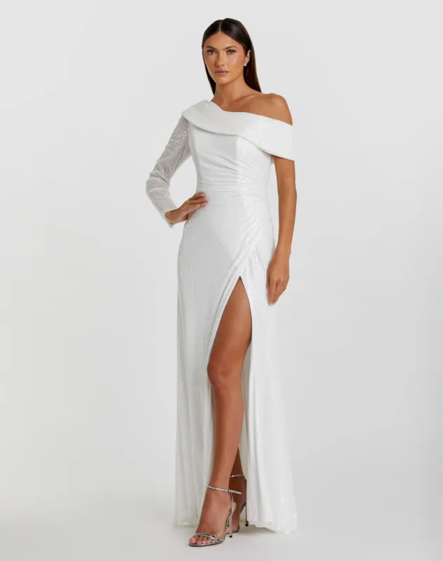 White Sequined Drop Shoulder Faux Wrap Gown - FINAL SALE sold by Mac Duggal