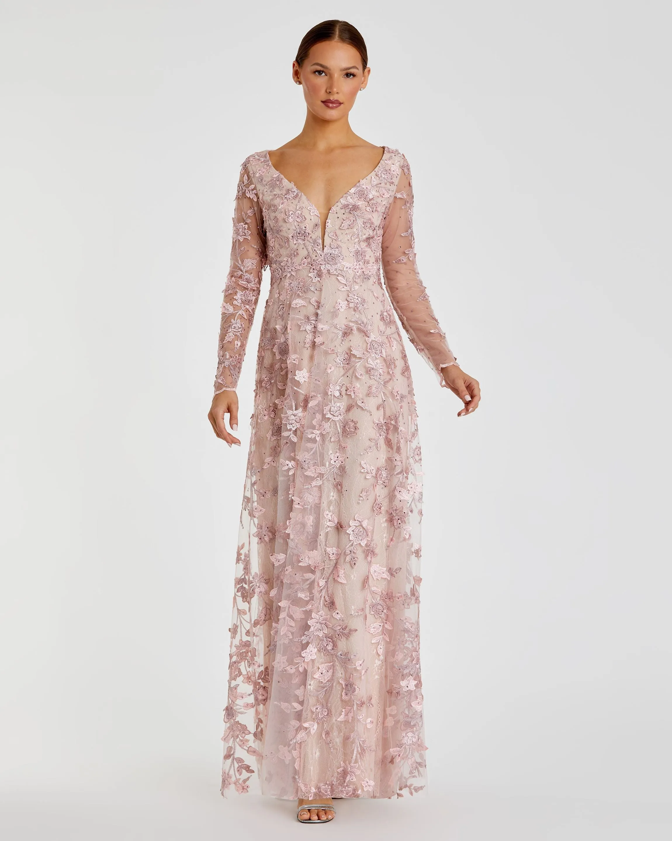 Floral Applique Long Sleeve Illusion Gown sold by Mac Duggal