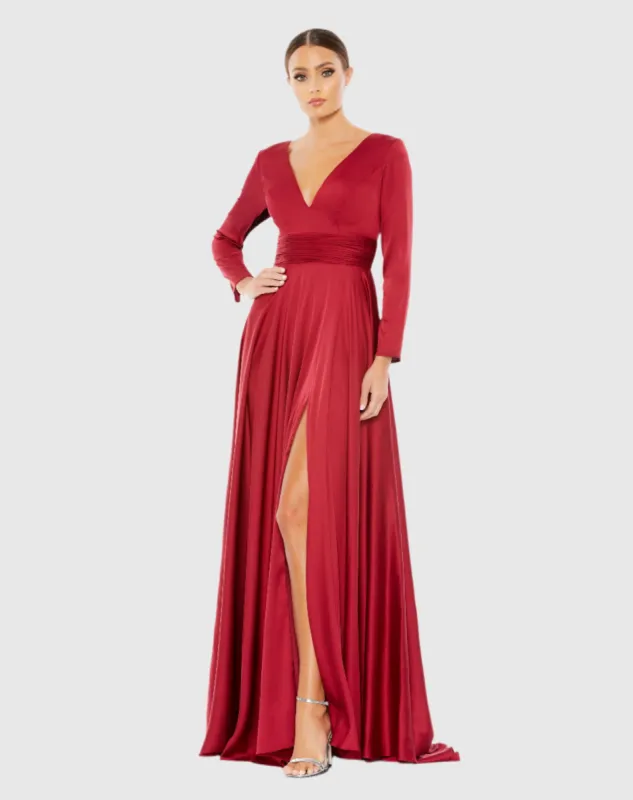 Red Long Sleeve Ruched Waist A-Line Gown sold by Mac Duggal