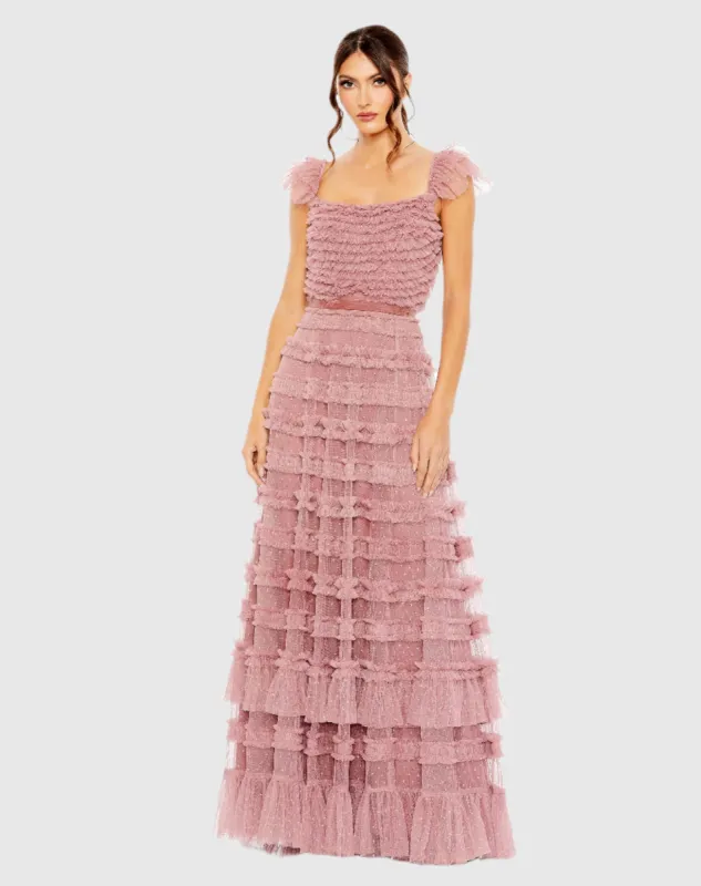 Ruffle Cap Sleeve Tiered Ruffle Gown sold by Mac Duggal
