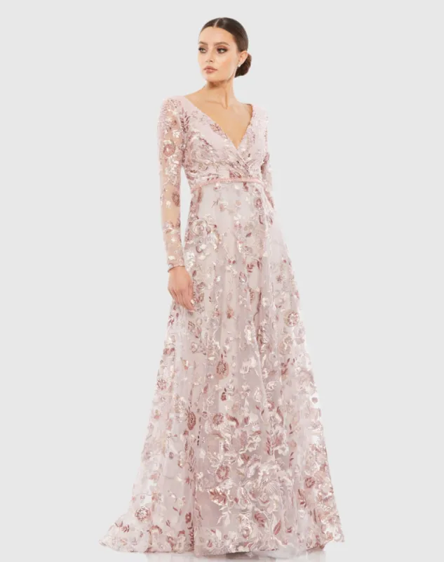 Embellished V Neck Illusion Long Sleeve A Line Gown sold by Mac Duggal