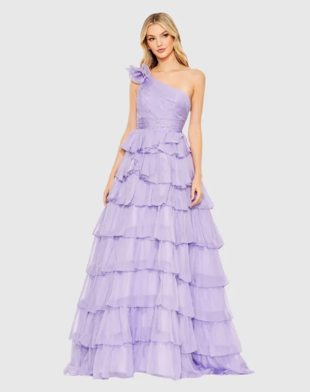 Purple One Shoulder Ruffle Tiered Ballgown sold by Mac Duggal