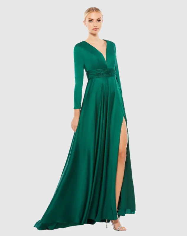 Green Long Sleeve Ruched Waist A-Line Gown - FINAL SALE sold by Mac Duggal