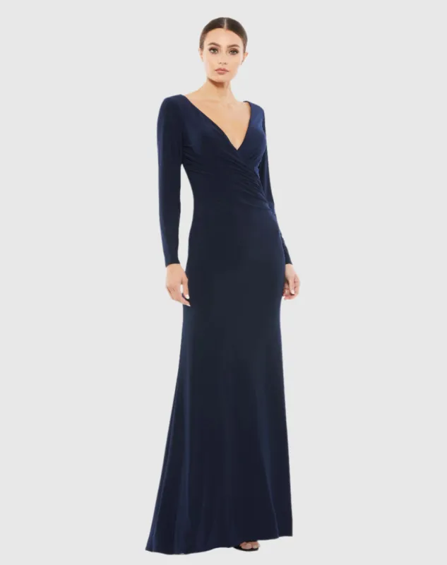 Navy Long Sleeve Ruched Jersey V-Neck Gown sold by Mac Duggal