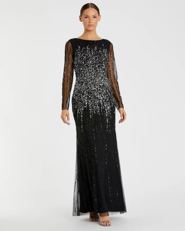 High Neck Sequin Embellished Long Sleeve A Line Gown sold by Mac Duggal
