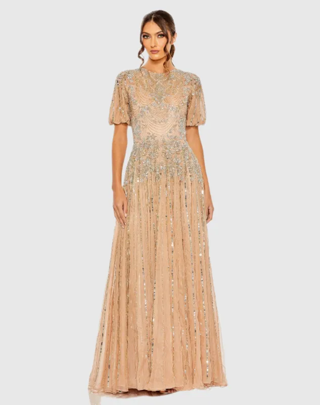 High Neck Puff Sleeve Embellished A Line Gown sold by Mac Duggal