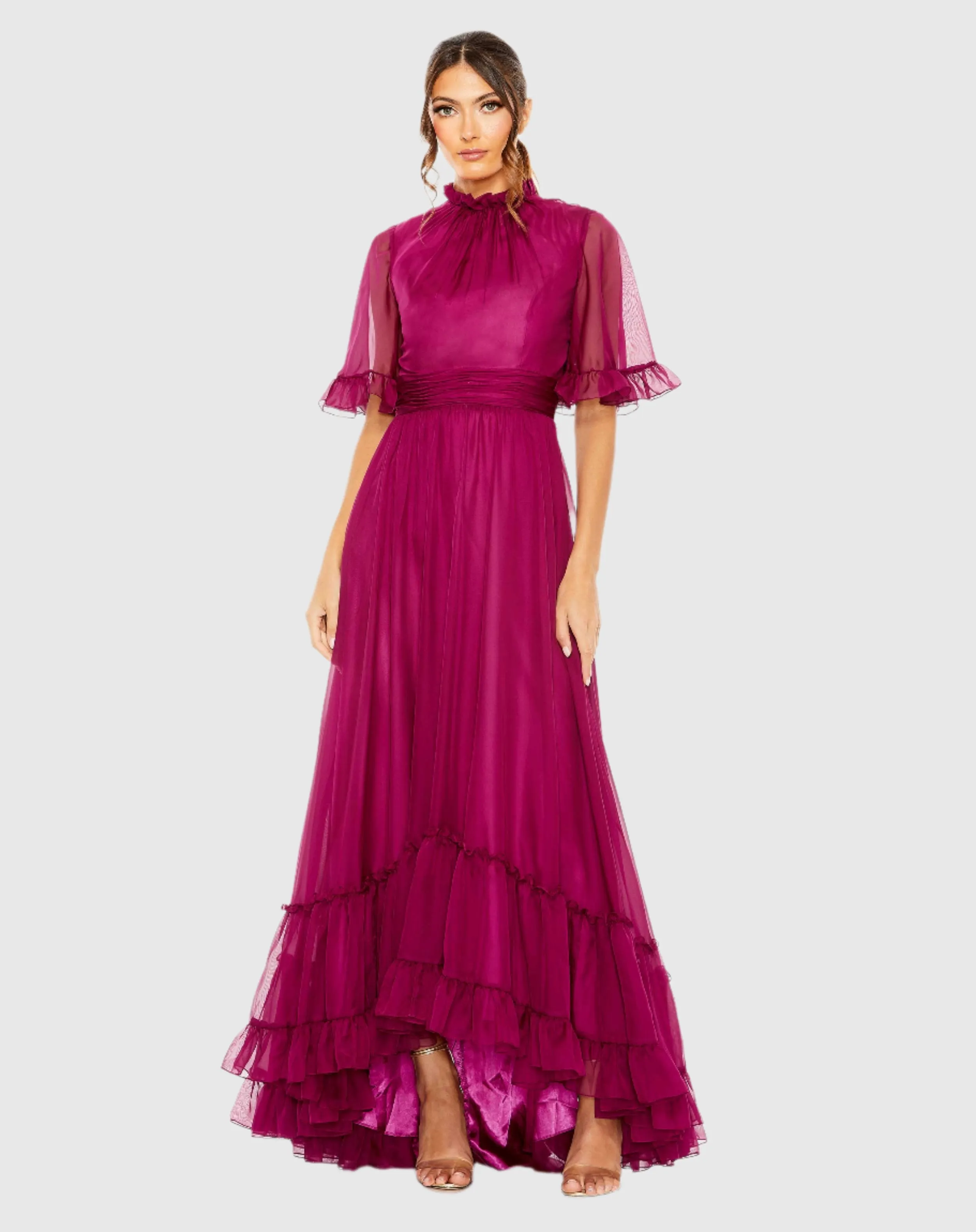 Ruffled Mock Neck Flutter Sleeve High Low Hem Gown sold by Mac Duggal product image thumbnail 3