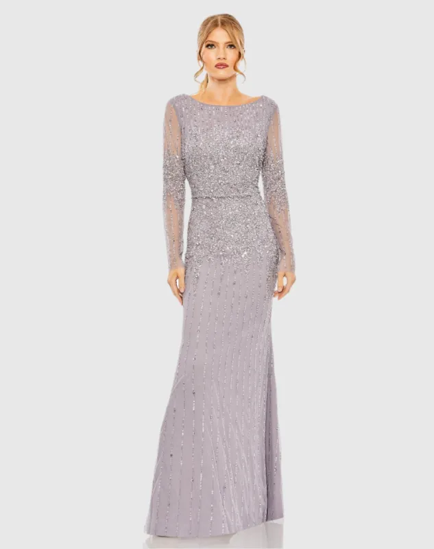 Purple High Neck Sequin Embellished Long Sleeve A Line Gown sold by Mac Duggal