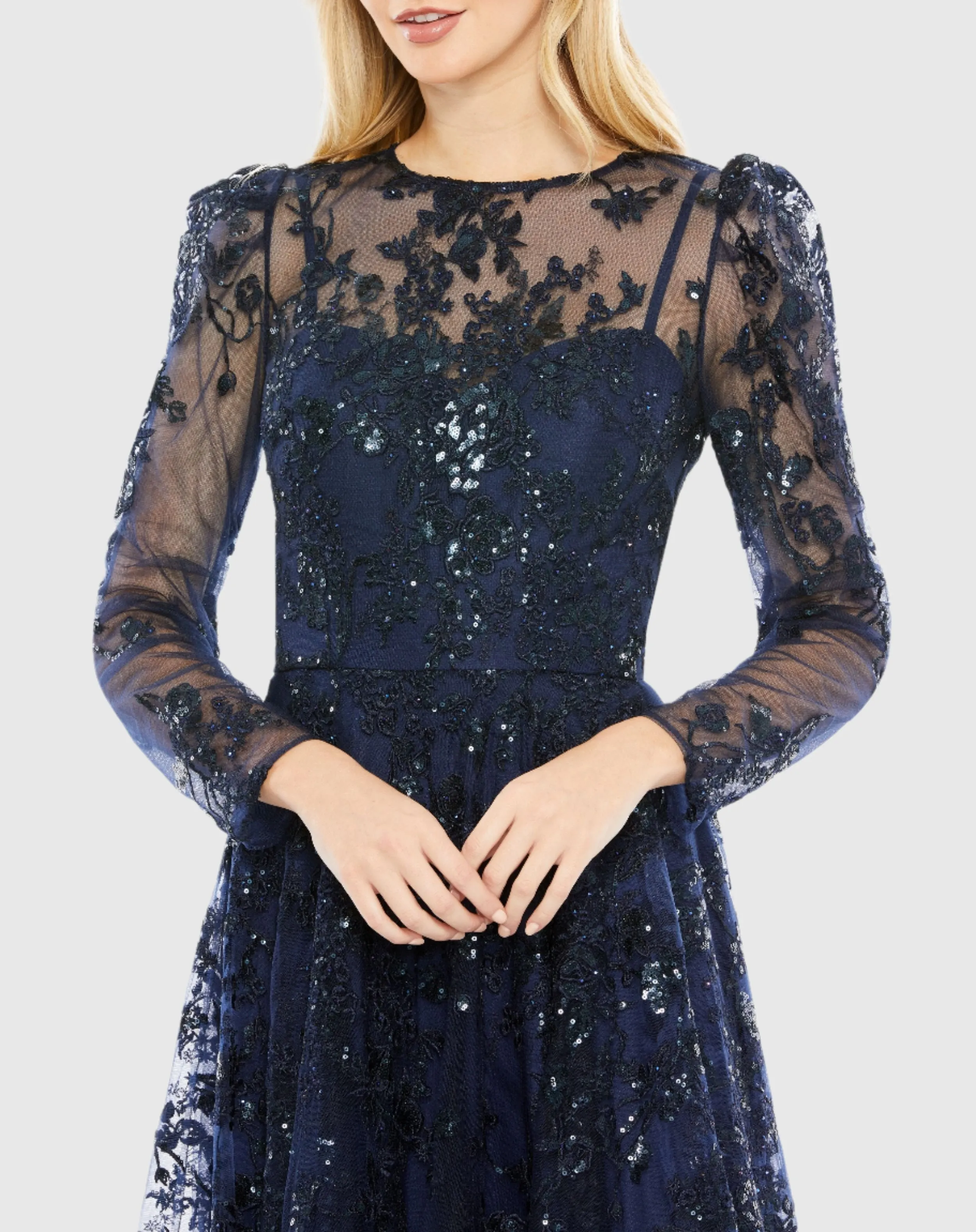 Navy Embroidered Illusion High Neck A Line Dress sold by Mac Duggal product image thumbnail 2