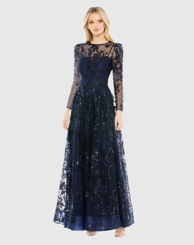 Navy Embroidered Illusion High Neck A Line Dress sold by Mac Duggal