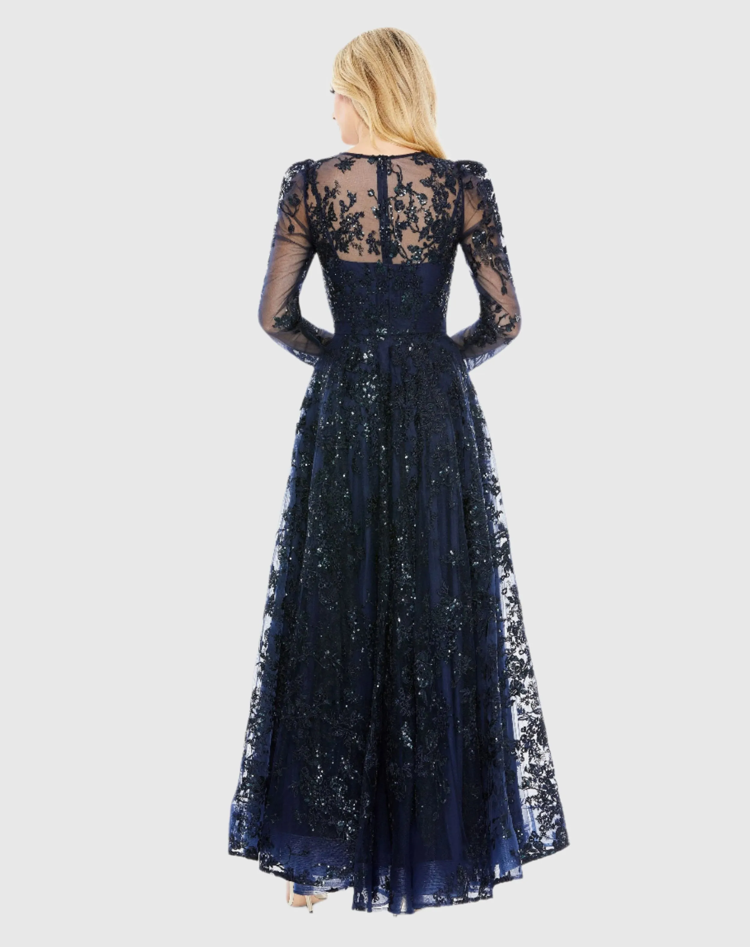Navy Embroidered Illusion High Neck A Line Dress sold by Mac Duggal product image thumbnail 3