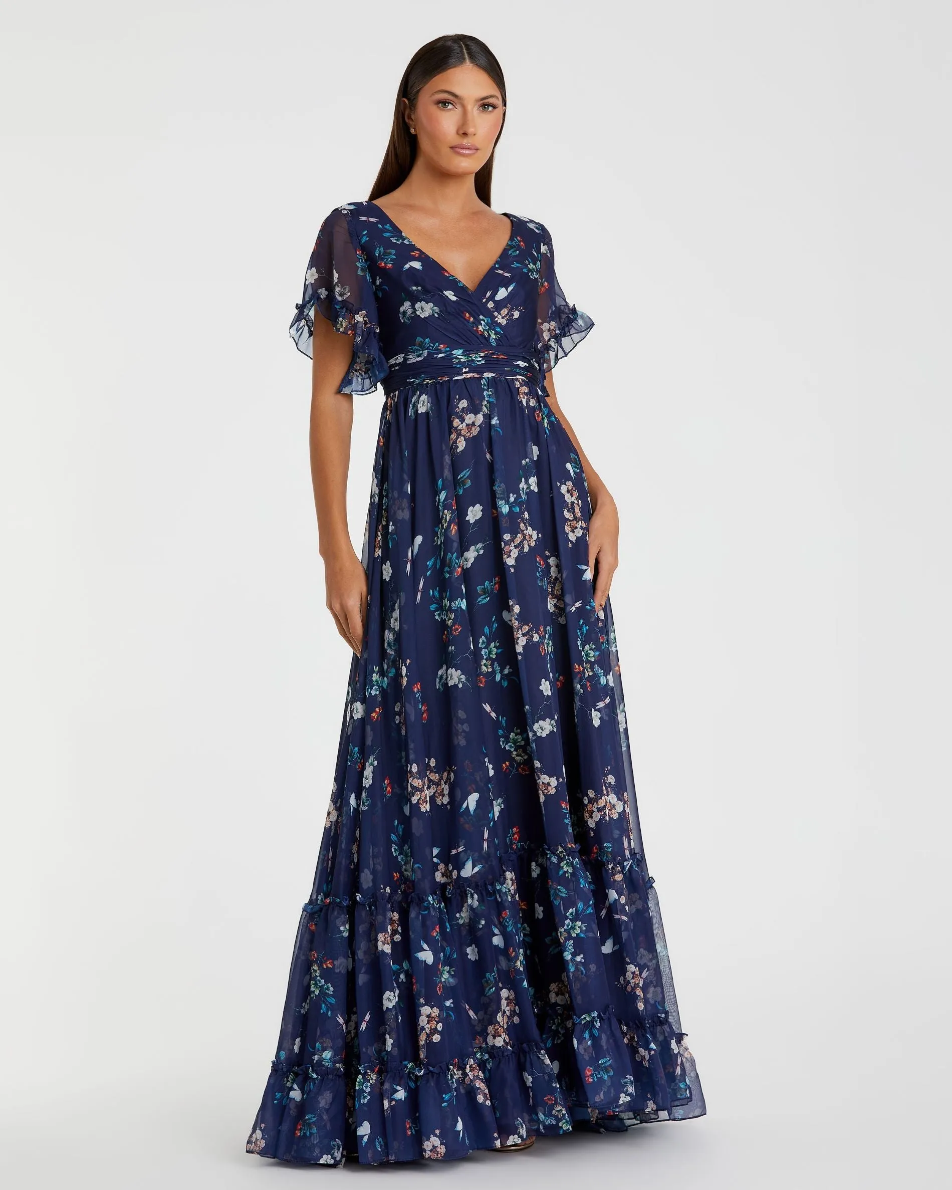 Multicolor Flounce Sleeve Floral Maxi Dress sold by Mac Duggal