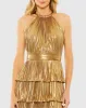 Gold High Neck Pleated Tiered Ruffle Metallic Gown sold by Mac Duggal