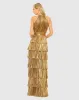 Gold High Neck Pleated Tiered Ruffle Metallic Gown sold by Mac Duggal