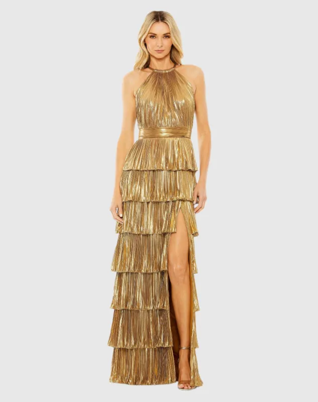 Gold High Neck Pleated Tiered Ruffle Metallic Gown sold by Mac Duggal
