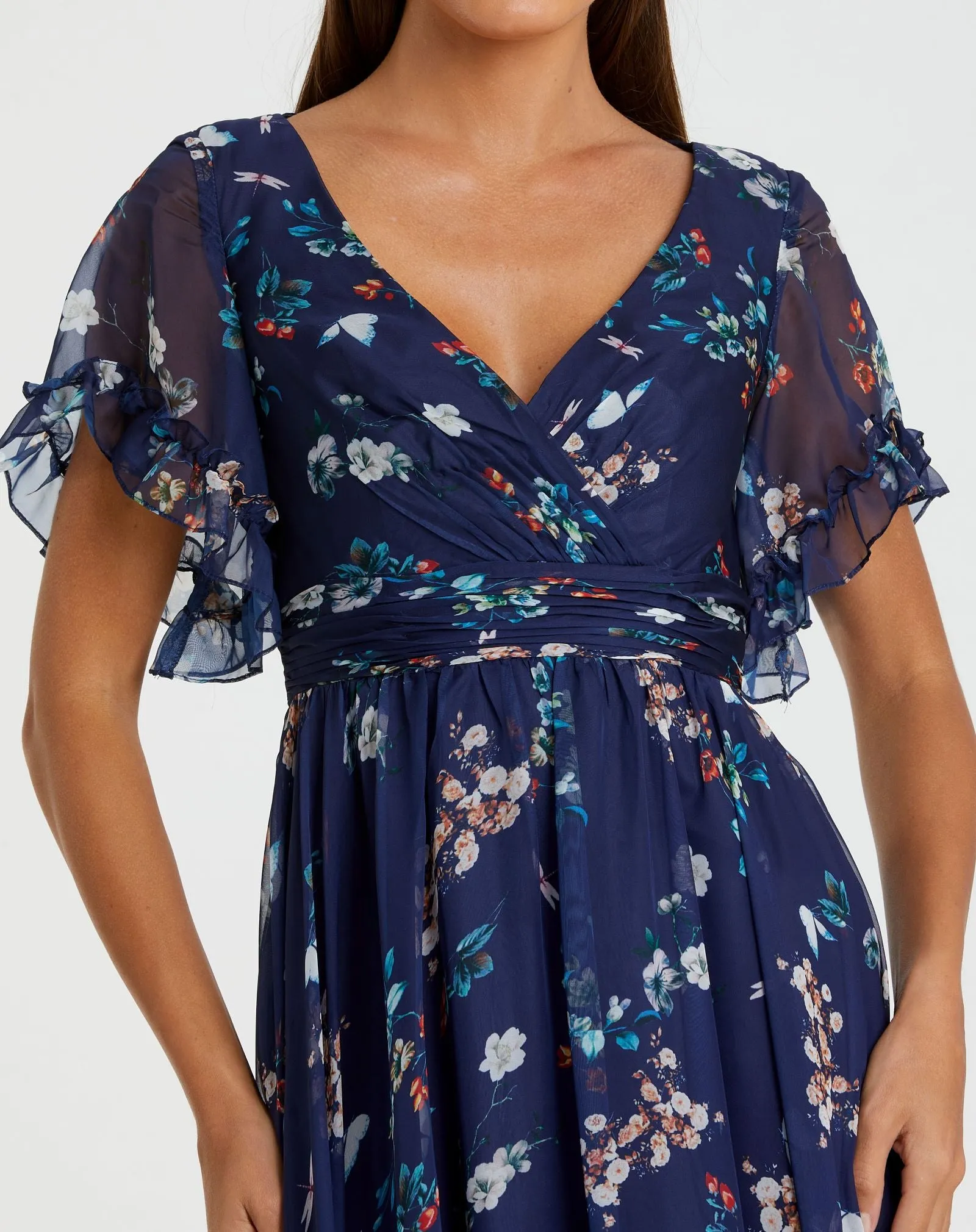 Navy Multicolor Flounce Sleeve Floral Maxi Dress sold by Mac Duggal product image thumbnail 2