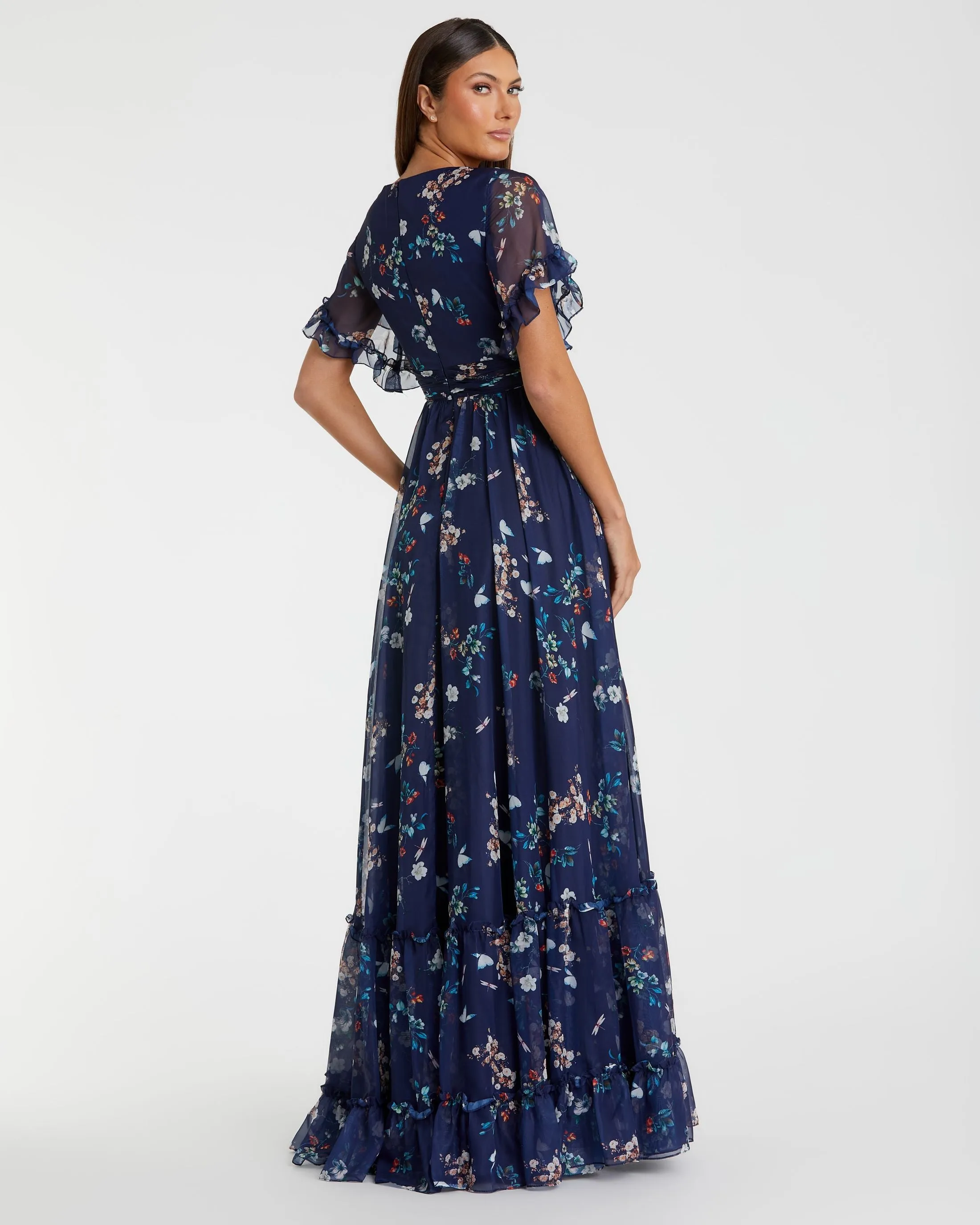 Navy Multicolor Flounce Sleeve Floral Maxi Dress sold by Mac Duggal product image thumbnail 3