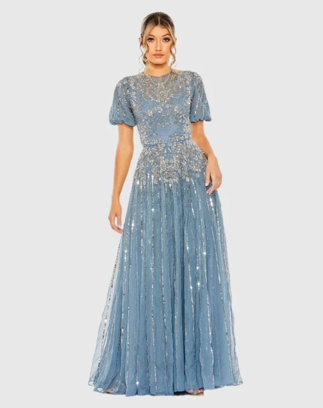 Blue High Neck Puff Sleeve Embellished A Line Gown sold by Mac Duggal