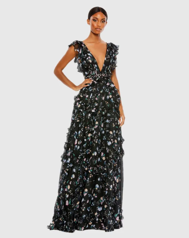 Black Multicolor Ruffled Floral Print Cap Sleeve Gown sold by Mac Duggal