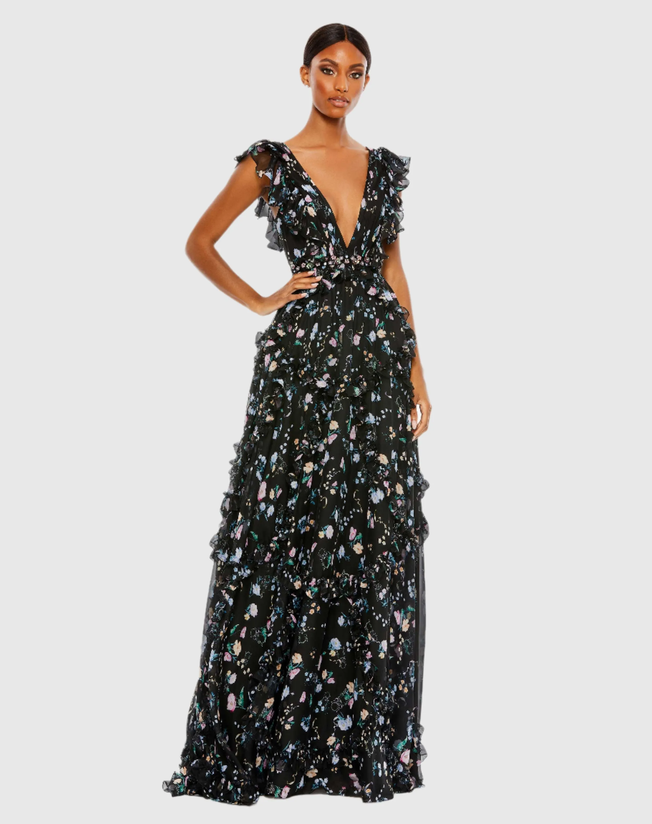 Black Multicolor Ruffled Floral Print Cap Sleeve Gown sold by Mac Duggal
