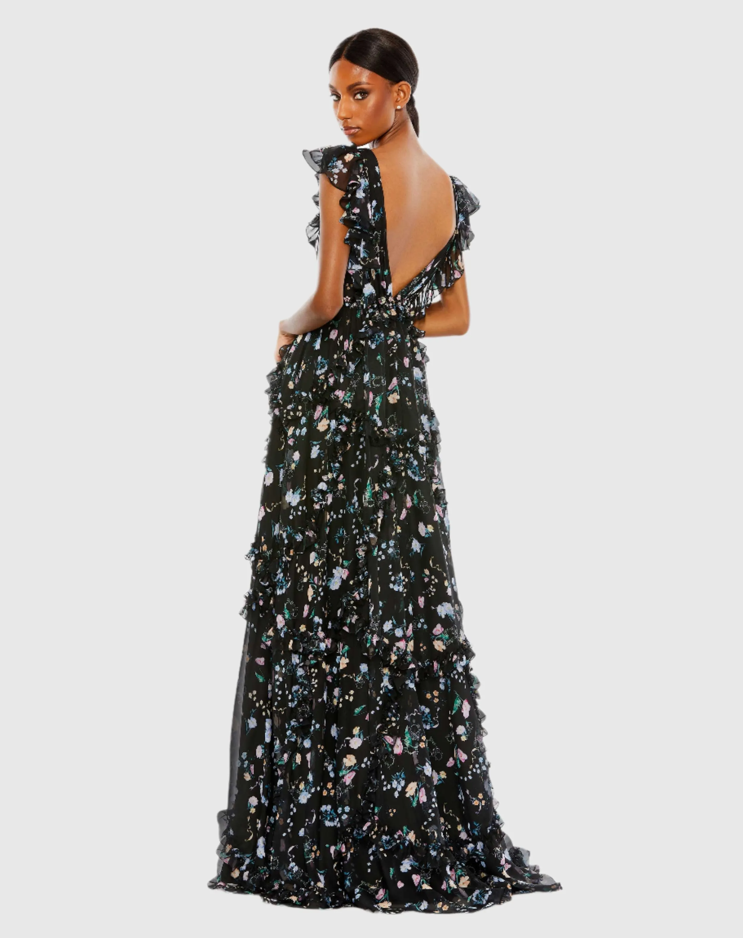 Black Multicolor Ruffled Floral Print Cap Sleeve Gown sold by Mac Duggal product image thumbnail 4
