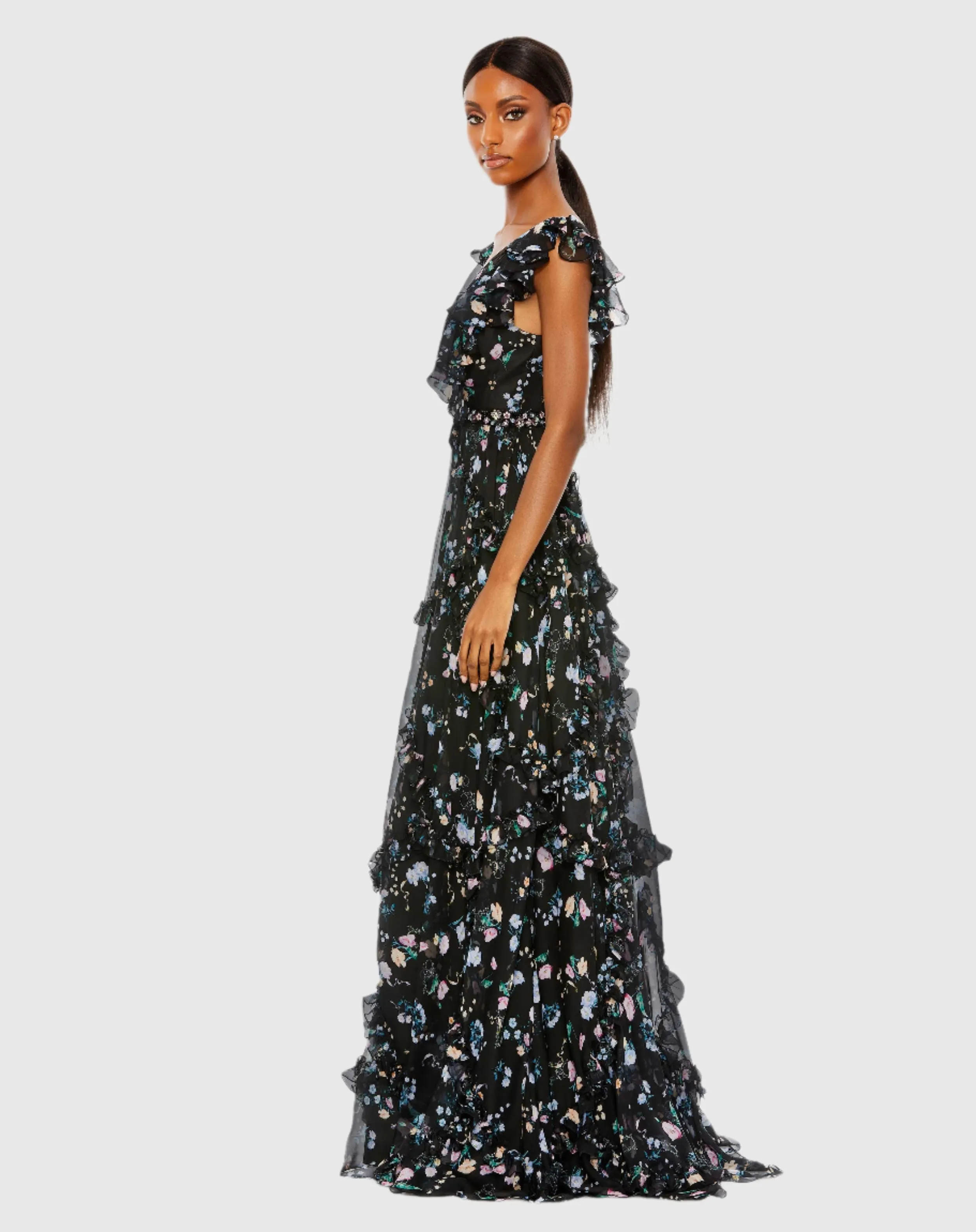Black Multicolor Ruffled Floral Print Cap Sleeve Gown sold by Mac Duggal product image thumbnail 3