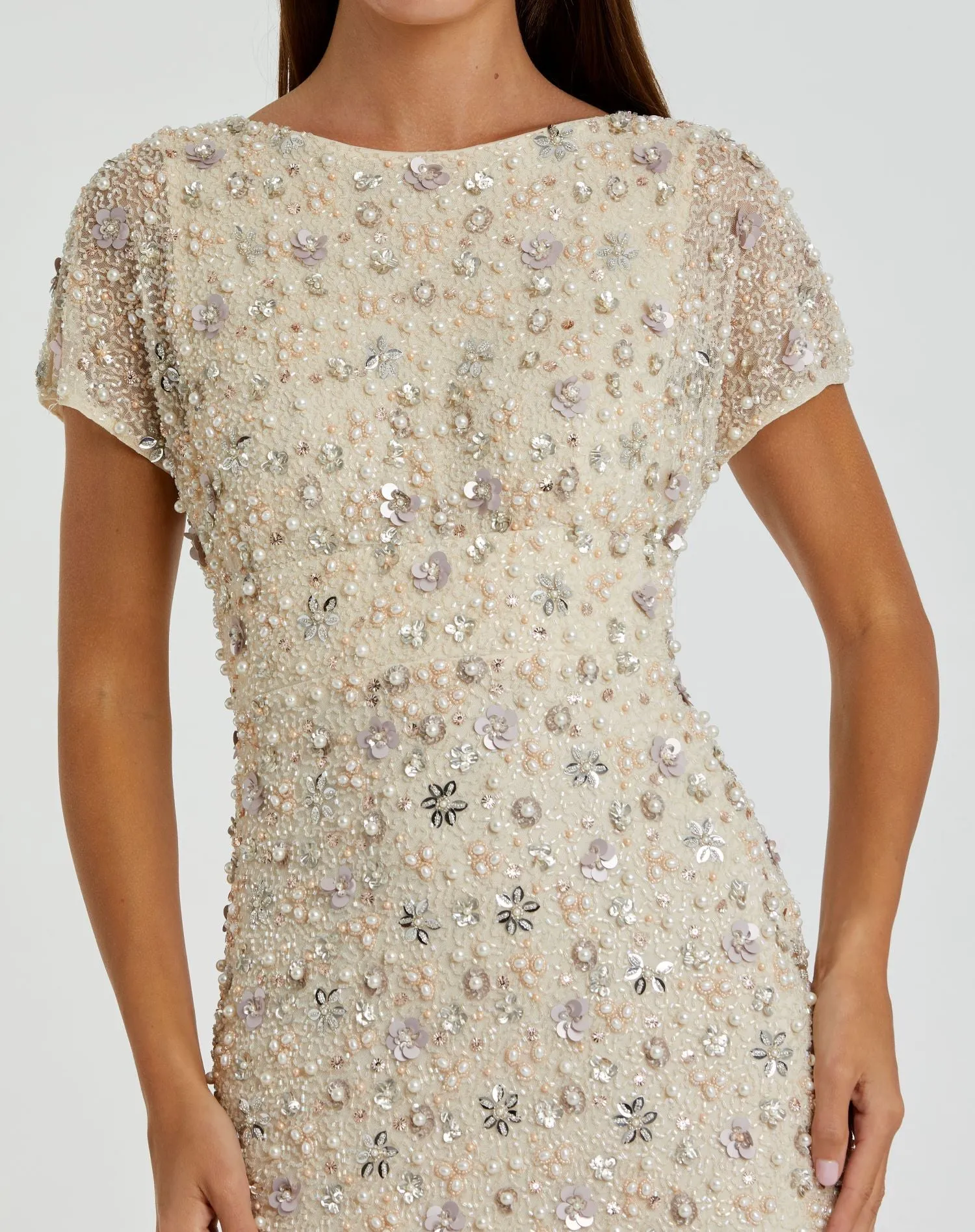 Ivory Floral Embellished Mesh Fitted Column Gown sold by Mac Duggal product image thumbnail 2