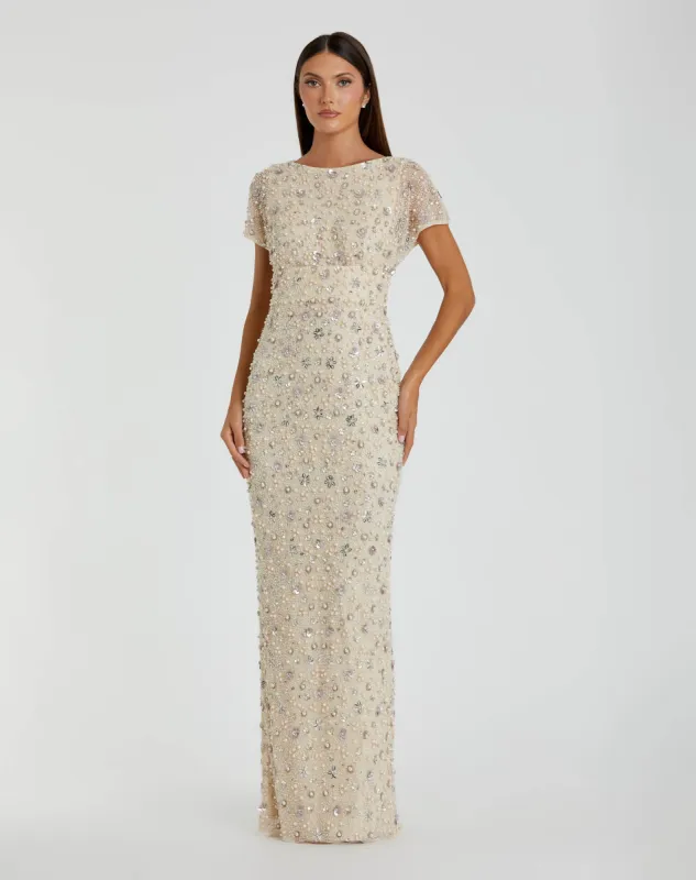 Ivory Floral Embellished Mesh Fitted Column Gown sold by Mac Duggal