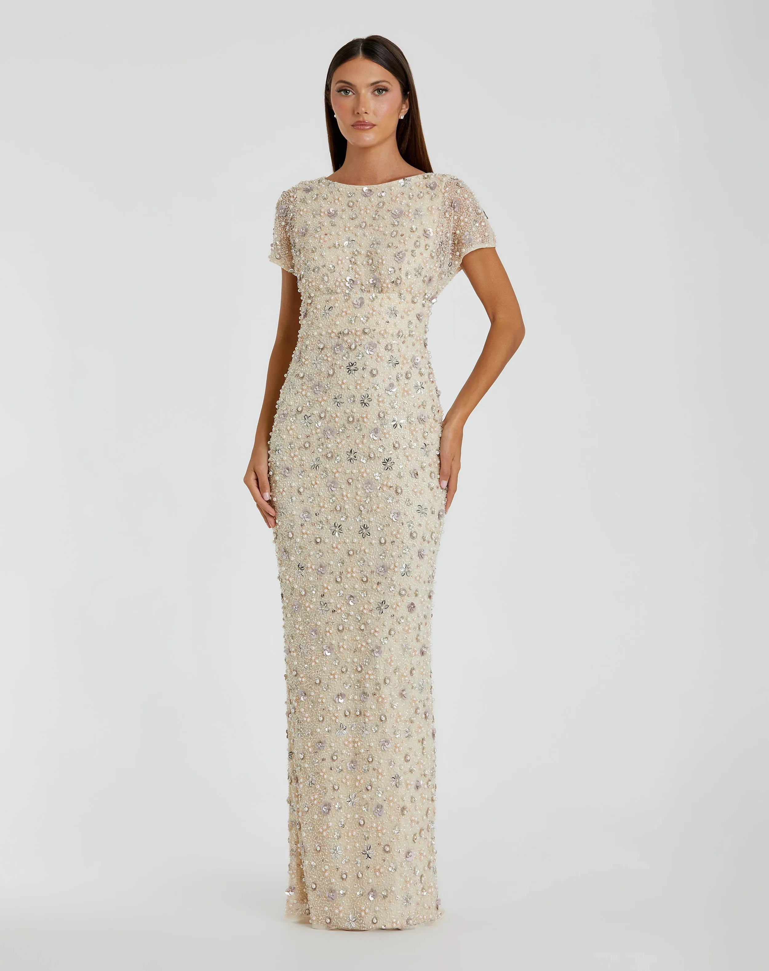 Ivory Floral Embellished Mesh Fitted Column Gown sold by Mac Duggal