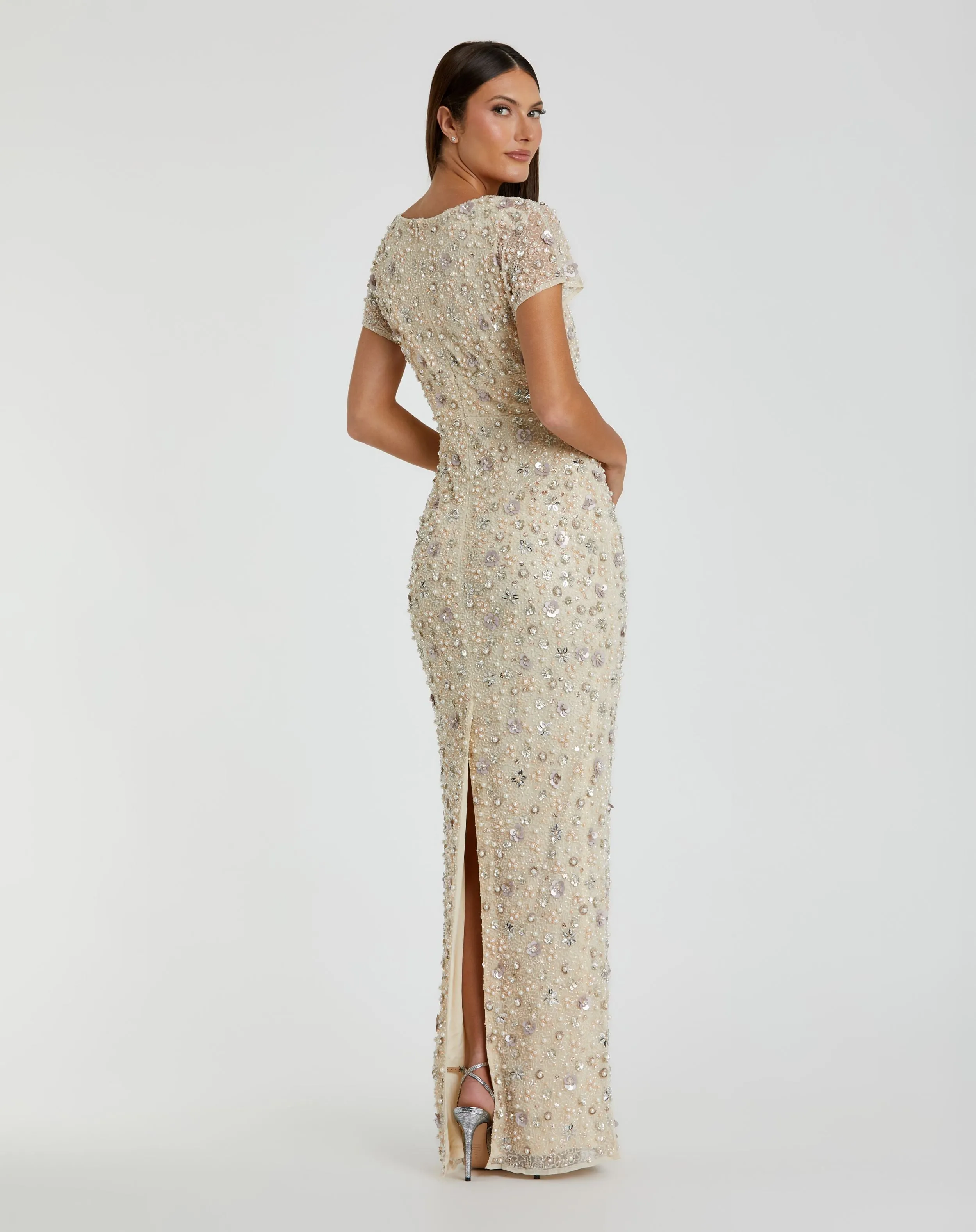 Ivory Floral Embellished Mesh Fitted Column Gown sold by Mac Duggal product image thumbnail 3