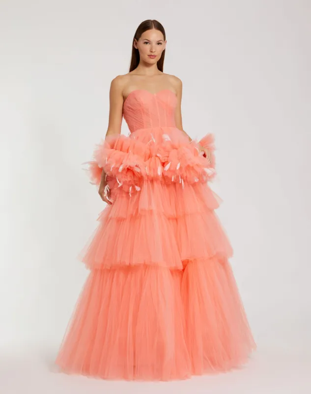 Strapless Tulle Gown with Feather Detail sold by Mac Duggal