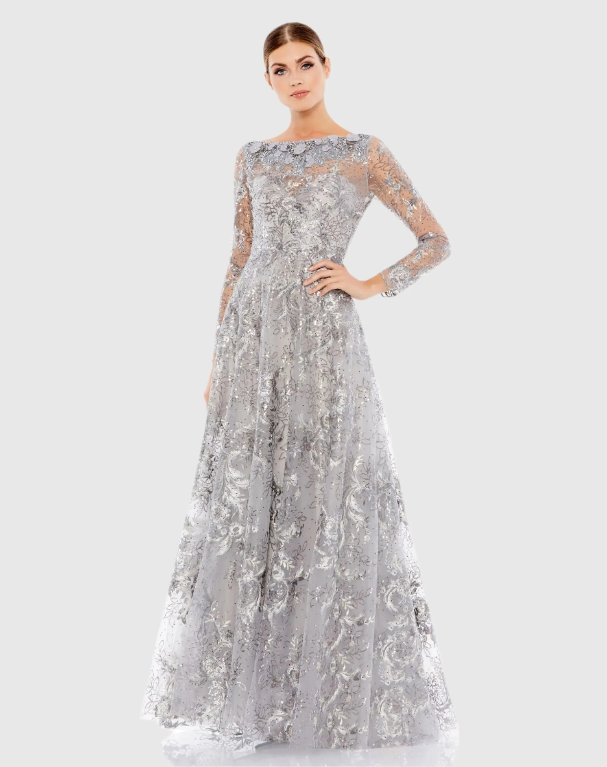 Gray Embroidered Illusion Neckline A-Line Evening Gown sold by Mac Duggal