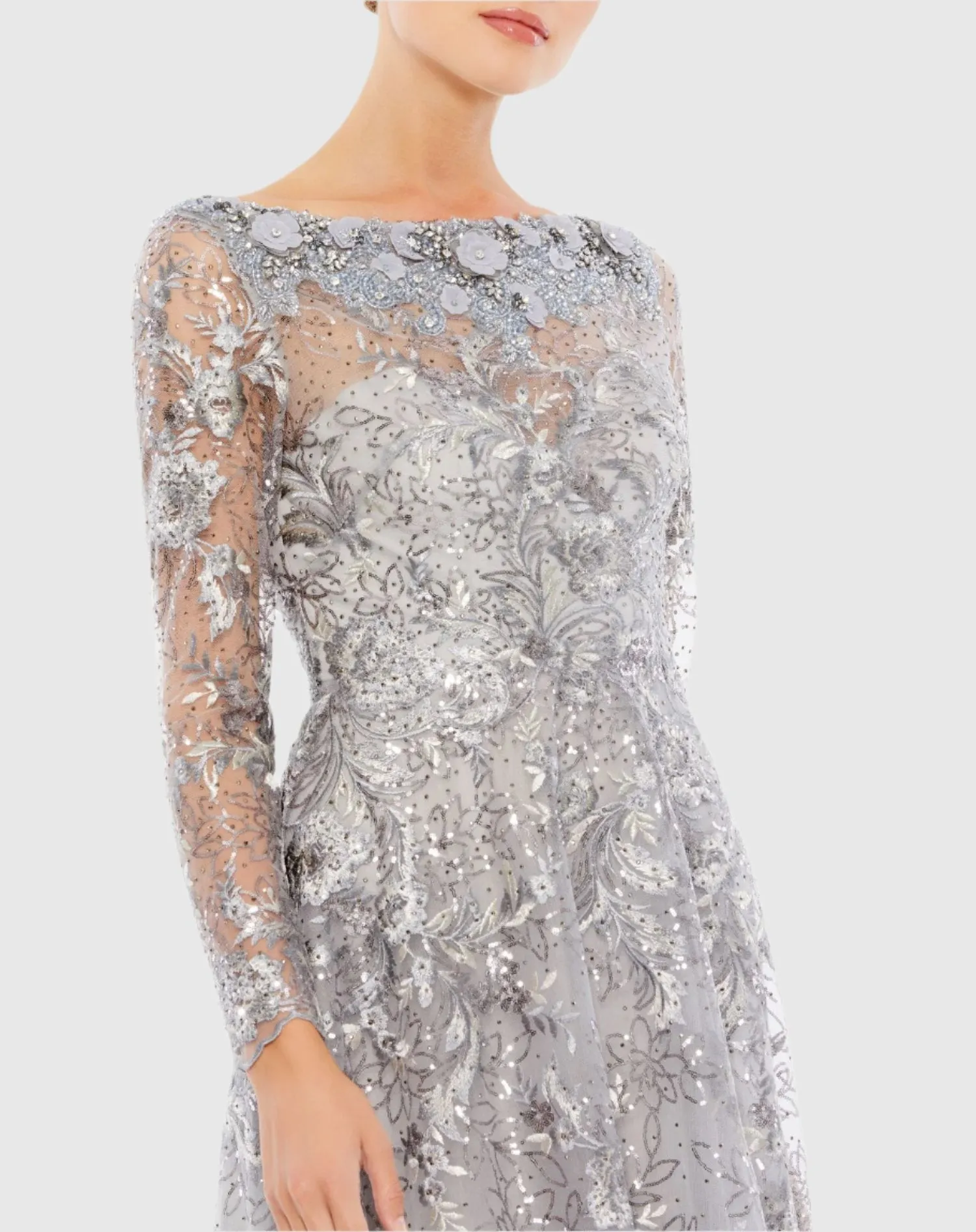 Gray Embroidered Illusion Neckline A-Line Evening Gown sold by Mac Duggal product image thumbnail 2