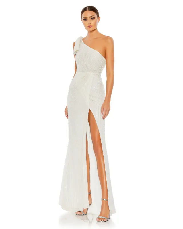 Pearl Embellished Soft Tie One Shoulder Gown sold by Mac Duggal