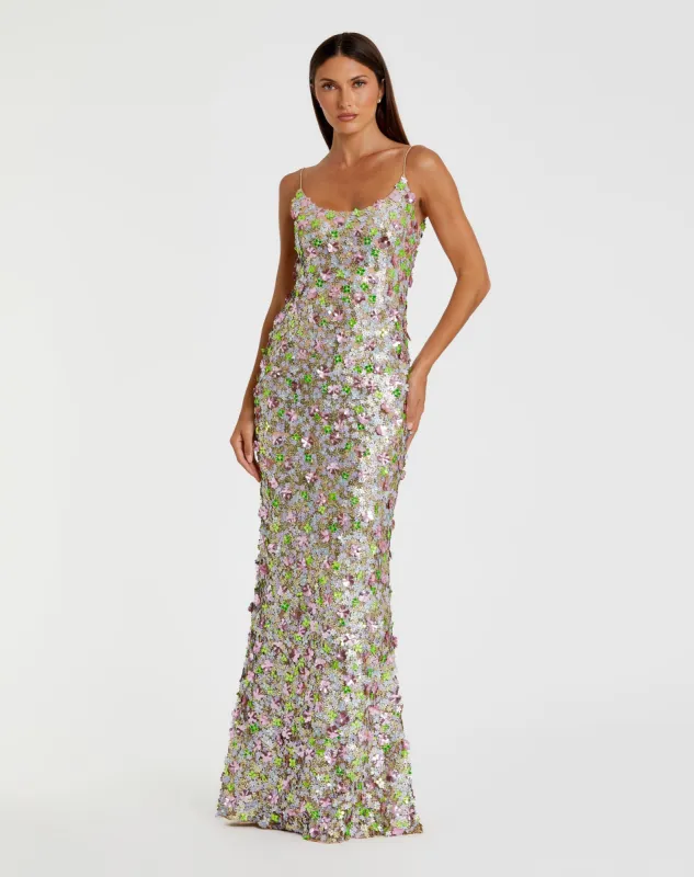 Multicolor Sleeveless Floral Paillette Embellished Mesh Gown sold by Mac Duggal
