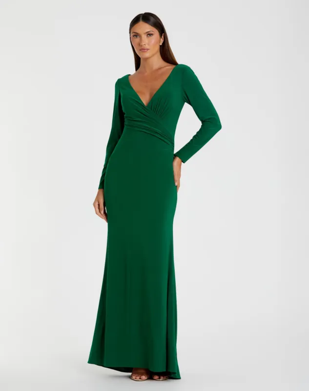 Long Sleeve Ruched Jersey V-Neck Gown sold by Mac Duggal