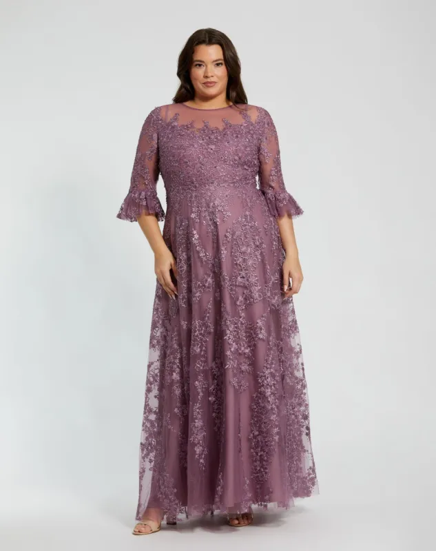 High Neck Flutter Sleeve Embroidered A Line Gown sold by Mac Duggal