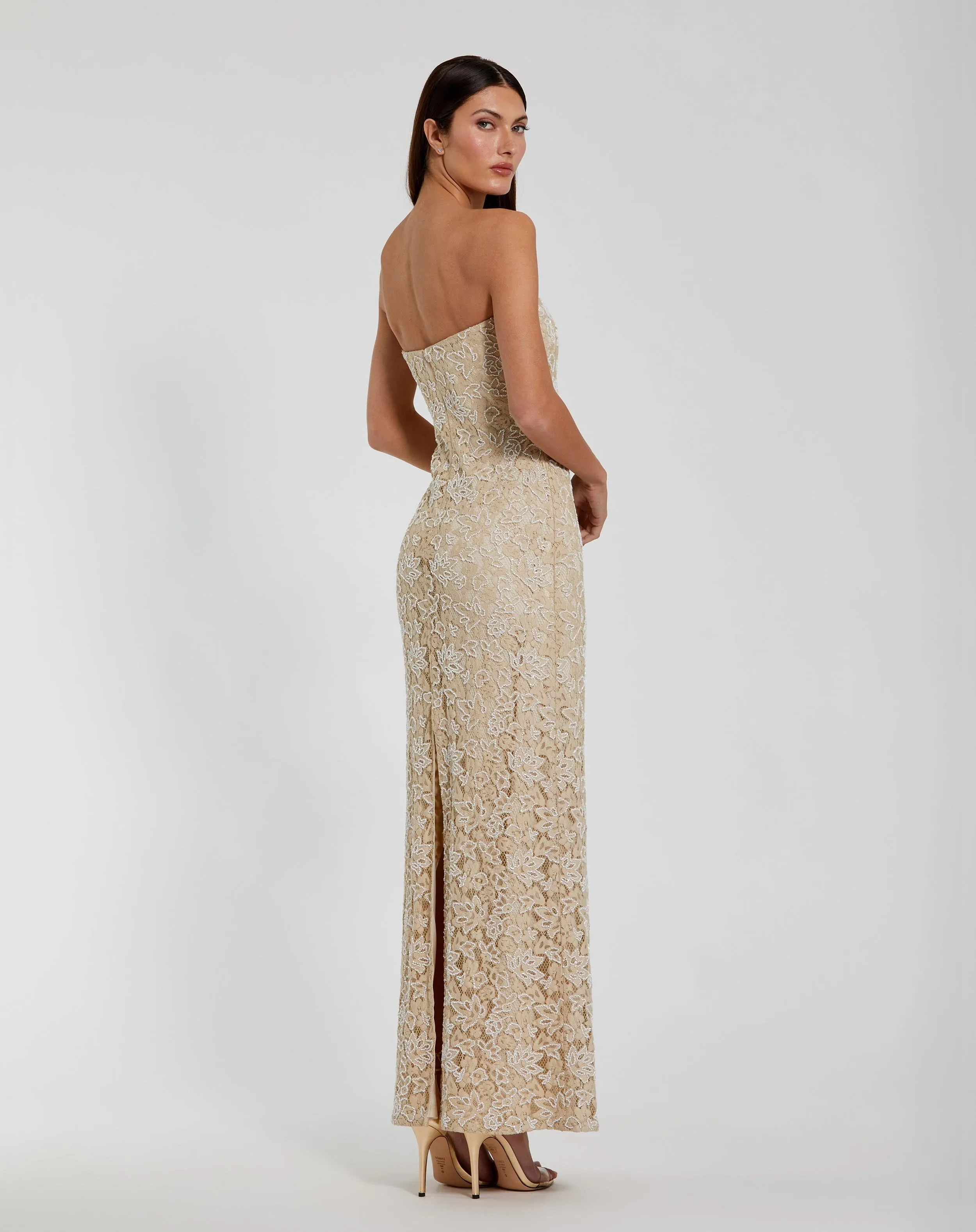 Beige Strapless Beaded Lace Fitted Column Gown sold by Mac Duggal product image thumbnail 3