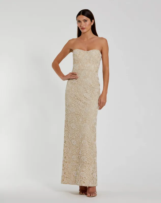 Beige Strapless Beaded Lace Fitted Column Gown sold by Mac Duggal