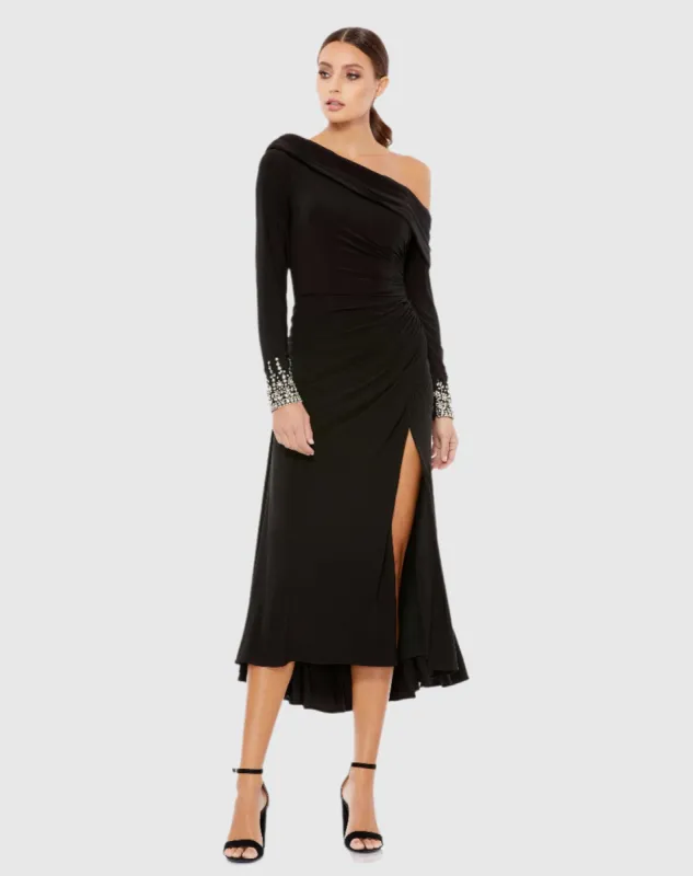 Foldover Long Sleeve Jeweled Midi Dress sold by Mac Duggal