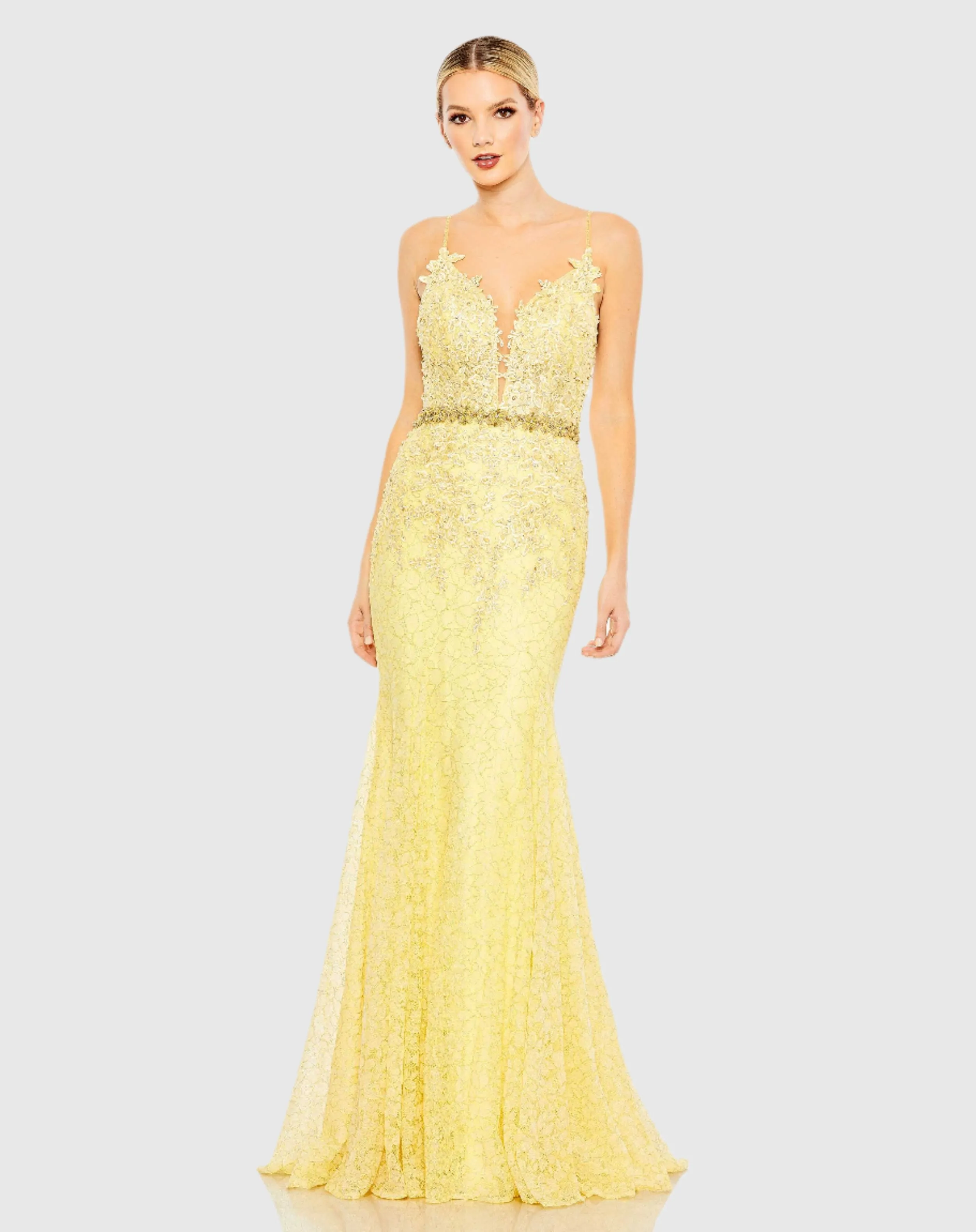 Applique Sleeveless Plunge Neck Trumpet Gown sold by Mac Duggal
