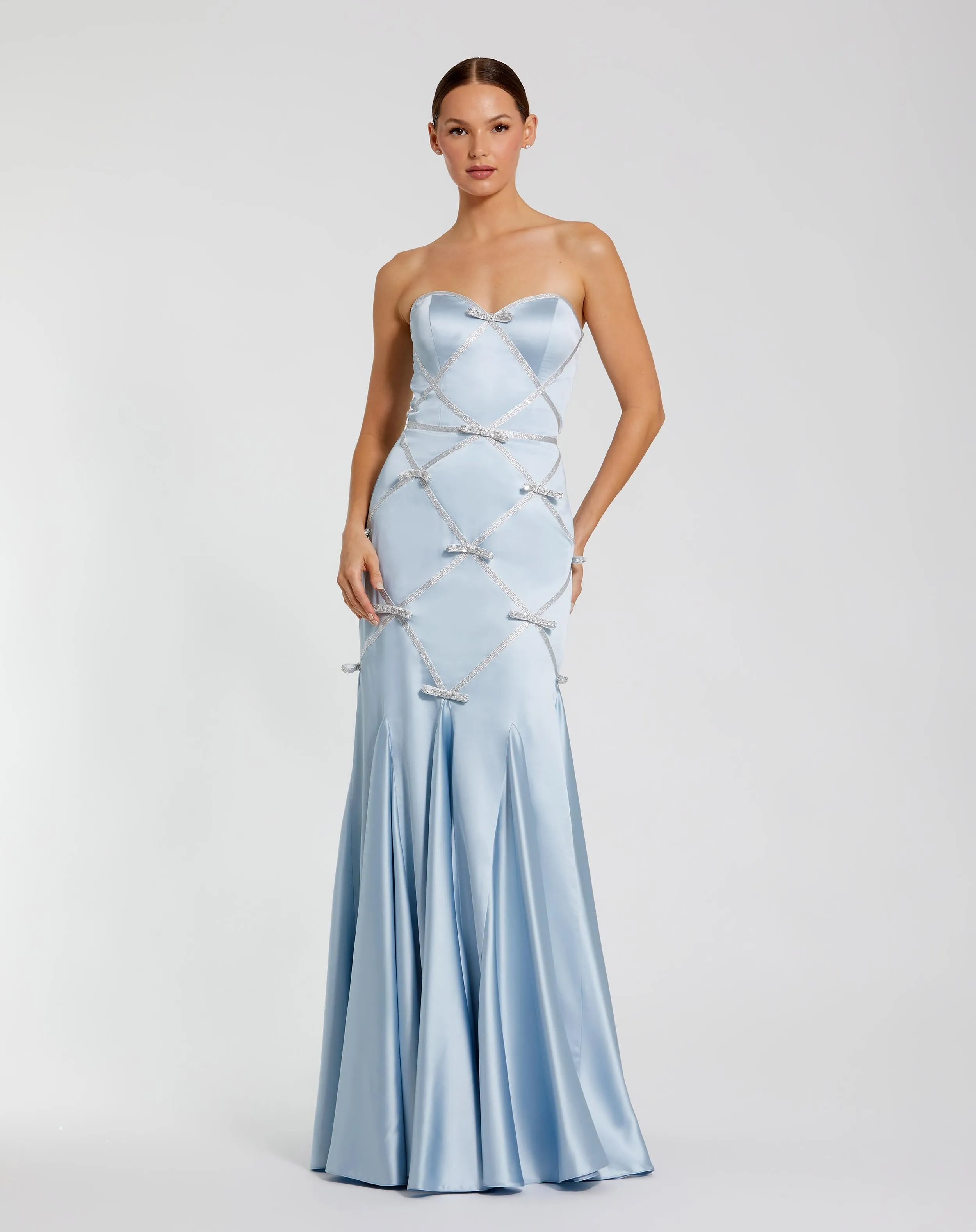Blue Strapless Satin Trumpet Gown With Bow Details sold by Mac Duggal
