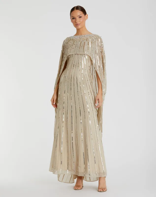 Embellished Beaded Column Cape Gown sold by Mac Duggal