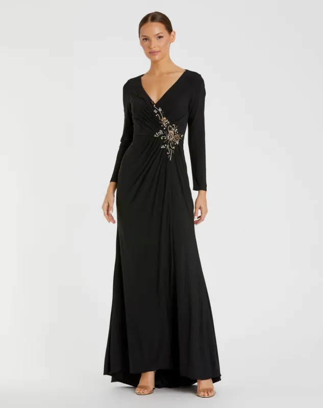 Faux Wrap Long Sleeve Evening Gown w/ Appliqué Detail sold by Mac Duggal